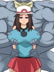 1girls artist_name big_breasts blue_shirt blue_top blue_topwear breast_grab breasts brown_eyes brown_hair flex-jv game_freak grabbing grabbing_another's_breast grabbing_breasts grabbing_waist groping groping_breasts groping_from_behind hat human human_female interspecies leaf_(pokemon) light-skinned_female light_skin long_hair looking_at_viewer machamp monster nintendo pokemon pokemon_(species) pokemon_frlg pokephilia red_skirt simple_background skirt sleeveless sleeveless_shirt waist waist_grab white_background