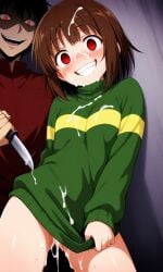 ai_generated brown_hair chara_(undertale) cum cum_on_body cum_on_face knife no_panties red_eyes sweater