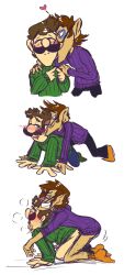 2boys all_fours anal anal_sex arms_around_shoulders black_pants blue_pants blush brown_hair clothing doggy_style duo eye_contact facial_hair gay gay_sex green_sweater hair heart jokiart light-skinned_male light_skin looking_at_another luigi male male/male mario_(series) mature mature_male nintendo pants pants_down penis_in_anus purple_sweater sex short_hair sweater waluigi white_background yaoi