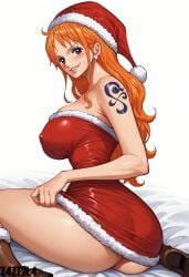 ai_generated alluring ass big_ass big_breasts black_eyes blush breasts christmas christmas_clothing christmas_hat christmas_headwear christmas_outfit cleavage earrings female female_only femaleseduction long_hair looking_at_viewer naked nami nami_(one_piece) nude one_piece orange_hair red_outfit revealing_clothes santa santa_hat santa_outfit seductive seductive_body seductive_eyes short_dress teasing z4zt3l4