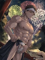 2boys abs bandana banknote bara beefy belt biceps big_areola big_breast blush brown_eyes brown_hair bulge bulge_through_clothing collarbone ebitendon festival fireworks fundoshi grabbing_clothing half-closed_eyes hand_on_crotch hand_on_hip hi_res kimono looking_down male male_breasts male_only manly mature_male money muscles muscular muscular_arms muscular_legs muscular_male muscular_thighs navel night obi open_clothes oppai original original_character outdoors pecs prostitution rokushaku_fundoshi short_hair six_pack standing sweat sweatdrop sweating sweaty taking_clothes_off thick_arms topless torakichi_(ebitendon) torakitchen tree white_fundoshi wooden_fence yaoi