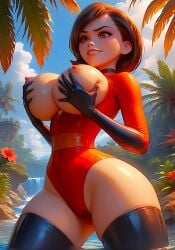 ai_generated breasts_out erect_nipples gloves helen_parr holding_breasts huge_breasts latex_bodysuit latex_boots the_incredibles thick_thighs