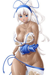 bikini_top blue_eyes blush bow breasts collarbone dark-skinned_female dark_skin female hairband hairbow highres large_breasts long_hair majikina_mina masato_(mk) no_panties ponytail samurai_shodown sarong single_glove solo tied_hair very_long_hair wardrobe_malfunction wet wet_clothes white_hair wide_hips