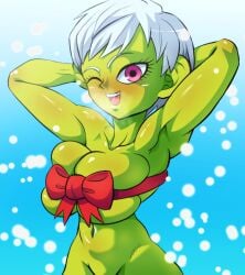 bigduck cheelai compressed_breasts curvy curvy_body curvy_female curvy_figure dragon_ball dragon_ball_super female gifting_self green_body green_skin short_hair squeezing_breast tagme white_hair