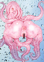 anus ass clitoris female from_behind hair_over_one_eye lips long_hair looking_at_viewer monster_girl nude original pink_eyes pink_skin pussy scylla sengoku-kun solo tentacle tentacle_hair