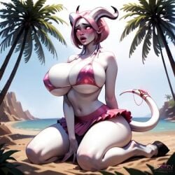 ai_generated beach bikini bimbo draenei flustered hooves horns pink_bikini tail white_skin world_of_warcraft