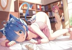 2girls ass_in_air ass_up chintora0201 cute looking_at_viewer no_panties ram_(re:zero) re:zero_kara_hajimeru_isekai_seikatsu rem_(re:zero) sexy teasing