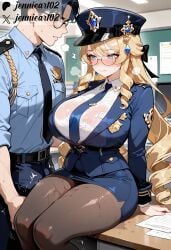 1boy ai_generated alternate_breast_size alternate_costume belt bespectacled black_belt black_hair black_necktie black_pantyhose blonde_hair blue_eyes blue_headwear blue_jacket blue_necktie blue_shirt blue_skirt blush bra_visible_through_clothes breasts brown_pantyhose closed_mouth clothing collared_shirt desk dress_shirt drill_hair drill_sidelocks earrings erection erection_under_clothes eyewear female female female_service_cap genshin_impact glasses hat headwear huge_breasts indoors jacket jennieart02 jewelry large_breasts long_hair long_sleeves male miniskirt navia_(genshin_impact) necktie office_lady on_desk pants pantyhose patreon patreon_logo patreon_username peaked_cap pencil_skirt pocket police police_hat police_uniform policewoman round_eyewear shirt short_hair side_drill sidelocks sitting sitting_on_desk skirt straight sweat thick_thighs thighs twitter twitter_username uniform very_long_hair watermark wet_clothes white_shirt