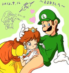 brown_hair clothes color crown cum facial_hair fellatio female hair hat human insertion luigi male mario_(series) moustache nakagawa_rui nintendo oral penis princess_daisy straight