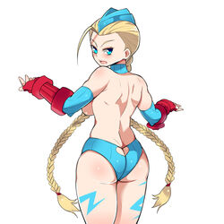 ahoge ass ass_cleavage back backboob bare_shoulders blonde_hair blue_eyes braid breasts butt_crack cammy_white elbow_gloves female female_only from_behind gloves hair huge_breasts human looking_back shiny_skin sideboob solo street_fighter tennen0201 topless twin_braids white_background