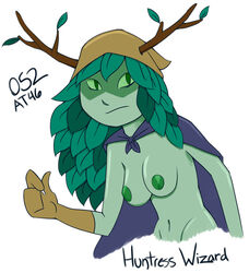 adventure_time breasts cape green_eyes green_nipples green_skin huntress_wizard leaf_hair nipples nomdepenn simple_background white_background