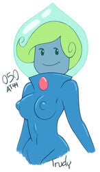 1girls adventure_time blonde_hair character_name erect_nipples navel nomdepenn short_hair simple_background smile solo trudy trudy_(adventure_time)