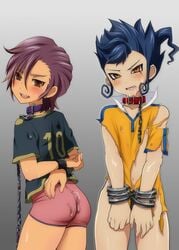 2boys atsushi_minamisawa blue_hair bondage bound collar cum cum_on_ass handcuffs human inazuma_eleven inazuma_eleven_go kyosuke_tsurugi leash looking_at_viewer male male_only navel purple_hair shackles slave tagme white_skin