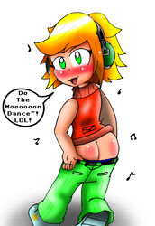 big_ass big_butt bigbootyinc blonde_hair dj dj_candy exposed_ass green_eyes headphones mooning mysims pants_down presenting rokku-d shoes showing_ass video_games white_background