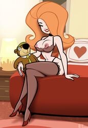 1girls accurate_art_style bed bra breasts cartoon_network choker crossed_legs cupless_bra dlt female female_only hanna-barbera heather_asplund high_heels human johnny_bravo_(series) large_breasts legs_crossed lingerie lipstick looking_at_viewer nipples nude plushie red_hair see-through sitting solo stockings tagme teeth yogi_bear yogi_bear_(character)