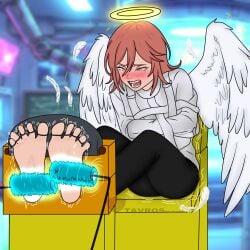 angel_devil_(chainsaw_man) angel_wings barefoot blush chainsaw_man feet feet_fetish femboy fetish foot_fetish halo open_mouth red_hair soles straightjacket sweat tickle_feet tickle_fetish tickle_torture tickling tickling_feet toes