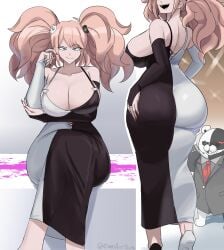 1girls alternate_costume back_view blood_stain blue_eyes captain_kirb cleavage crossed_legs danganronpa danganronpa:_trigger_happy_havoc emmarrgus evening_gown fanart from_behind gyaru hair_ornament high_heels huge_ass huge_breasts junko_enoshima looking_at_viewer monokuma multicolored_clothing multiple_views nails provocative rich_girl seductive_look sitting smug themed_clothes tight_clothing twintails