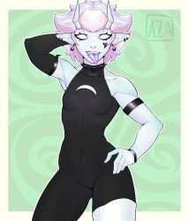 1female 1girls 2d 2d_(artwork) aza19 black_suit blue_tongue ear_piercing female fit fit_female nikka oc original_character pale-skinned_female pale_skin piercing sexy sexy_body sexy_pose small_breasts solo solo_female tattoo tattoo_on_face thick_thighs tongue tongue_out vampire vampire_girl white_hair