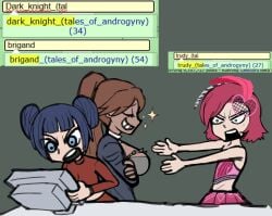 1male 2futas angry brigand_(tales_of_androgyny) comedy commission commissioner_upload dark-skinned_futa dark_knight_(tales_of_androgyny) female femboy funny futanari green_background humor light-skinned_futa light_skinned_femboy light_skinned_male male meme meme_reference nefertari216 not_porn redraw rule34 sfw smug sparkles tales_of_androgyny text trudy_(tales_of_androgyny)