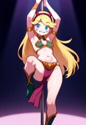ai_generated blonde_female crossover crossover_cosplay devil_horns disney disney_channel female hearts_on_cheeks long_blonde_hair pole_dancing red_hairband slave_leia_(cosplay) solo_female star_butterfly star_vs_the_forces_of_evil star_wars stripper_pole