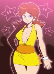 arm_behind_back blue_eyes breasts brown_hair cleavage club earrings female female_focus flower_earrings grin highres jewelry keiboxy keiboxy2 legs looking_at_viewer mario_(series) mario_party mario_tennis nightclub nintendo orangetea princess_daisy short_hair skirt smile solo super_mario_bros._1 super_mario_land thighs toad_(mario) tomboy yellow_skirt
