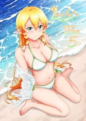 alluring beach big_breasts bikini blonde_hair comiket_106 commentary_request cover female green_eyes high_res ken-ji leafa long_hair looking_at_viewer navel ocean pointy_ears see-through_clothes see-through_shirt shirt sitting swimsuit sword_art_online very_long_hair wariza water waves white_bikini