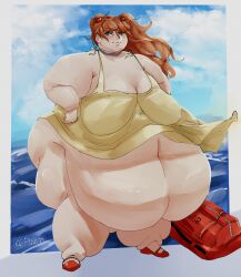 1girls asuka_langley_sohryu auburn_hair bbw belly fat fat_female fat_fetish female massive_belly neon_genesis_evangelion obese obese_female pivk00 sky water waves