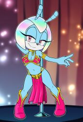 ai_generated crossover crossover_cosplay female half-closed_eyes hand_behind_head idw_comics jewel_the_beetle mobian_(species) pole_dancing sega slave_leia_(cosplay) sonic_the_hedgehog_(idw) sparkles spotlight_beam star_wars stripper_pole