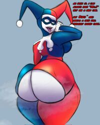 1girls 2d 2d_(artwork) ass batman_(series) big_ass big_breasts big_butt breasts clothed clothed_female clown clown_girl criminal dc dc_comics female female_focus female_only harleen_quinzel harley_quinn huge_ass huge_butt jester jester_girl jester_hat jester_outfit large_boobs large_breasts looking_back looking_back_at_viewer solo solo_female solo_focus superbone