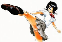 1girls accurate_art_style accurate_body_type action_pose ai-created ai_art ai_generated ass bare_ass bare_thighs black_hair black_socks bleach bow bowtie brown_shoes cel_shading clothed clothing cowboy_shot dynamic_pose female female_focus female_only flat_chest footwear gnomro grey_skirt hair_between_eyes hand_on_leg hand_on_own_leg high_kick high_quality highres kicking kneehighs kuchiki_rukia large_filesize leg_lift leg_up light-skinned_female light_skin line_art loafers looking_away looking_to_the_side manga_style narrow_waist no_panties parted_lips petite pinup pleated_skirt pose purple_eyes pussy red_bow school_uniform shiny_hair shiny_skin shirt shoes short_hair short_sleeves side_view simple_background skirt slender_waist slim_waist smooth_skin socks solo solo_female solo_focus spread_legs standing standing_on_one_leg thighs three-quarter_view tite_kubo_style uncensored uncensored_vagina uniform upskirt v-shaped_eyebrows vagina warm_colors white_background white_shirt