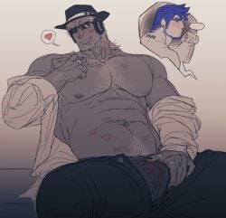 abs bara belly_button_piercing body_hair bulge bulge_through_clothing bulge_through_underwear bulge_under_clothes chance_(forsaken) forsaken forsaken_(roblox) gay guest_1337 guest_1337_(forsaken) guest_1337_(the_last_guest) happy_trail kiss_mark kiss_mark_on_belly kiss_mark_on_chest kiss_mark_on_face kiss_marks kiss_marks_on_bulge male muscles muscular muscular_male nipple_piercing nipples pants_unzipped roblox roblox_game robloxian sitting the_last_guest ti77yl0ver ti77ylover underwear unzipped unzipped_pants yaoi