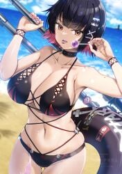 akahito alternate_costume bikini black_bikini black_choker blue_sky blurry blurry_background breasts candy choker cloud collarbone commentary_request day ellen_joe female fins fish_tail food highres holding holding_candy holding_food holding_lollipop large_breasts lollipop looking_at_viewer navel ocean shark_girl shark_tail short_hair sky solo swimsuit tail tongue tongue_out zenless_zone_zero