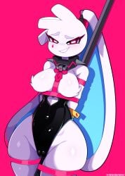 animal_humanoid bare_shoulders big_breasts big_ears black_clothing black_leotard blush blush_lines bound breasts camel_toe clothing collar deco_27_(producer) digital_drawing_(artwork) digital_media_(artwork) featureless_breasts female fur genital_outline hands_behind_back hi_res humanoid lagomorph lagomorph_humanoid leotard leporid_humanoid long_ears looking_at_viewer mammal mammal_humanoid navel_outline pink_background pole ponytail_ears pupils rabbit_hole_(deco_27) rabbit_humanoid red_eyes scrunchie sheerly_(artist) simple_background skindentation smile smiling_at_viewer solo spiked_collar spikes strapless_clothing strapless_leotard stripper_pole text thick_thighs url vulva_outline white_body white_fur white_pupils wide_hips