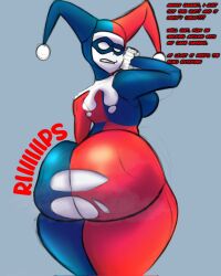 1girls 2d 2d_(artwork) ass batman_(series) big_ass big_breasts big_butt breasts clothed clothed_female clown clown_girl criminal dc dc_comics female female_focus female_only harleen_quinzel harley_quinn huge_ass huge_butt jester jester_girl jester_hat jester_outfit large_boobs large_breasts looking_back looking_back_at_viewer solo solo_female solo_focus superbone