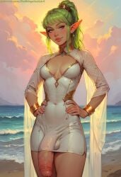 1futa ai_generated balls_bulge bangs beach belly_button big_penis breasts cleavage dickgirl dress elf elf_ears elf_futa fancy_dress fit fit_futa flaccid_penis fringe futa_focus futa_only green_eyes green_hair hands_on_hips huge_cock large_penis long_ears looking_at_viewer navel navel_visible_through_clothes oc ocean penis_out pointy_ears ponytail redbisycle slim slim_waist small_breasts tight_clothing tight_dress white_dress