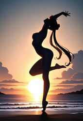 1girls ai_generated arched_back beach bishoujo_senshi_sailor_moon breasts elegant female from_side hassaku_xl head_tilted_back medium_breasts nipples nude one_leg_up sailor_moon silhouette solo sq7 sunset tiptoes