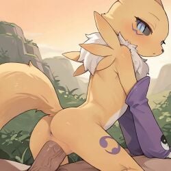 ai_generated aifurryposter69 animated anthro anus black_sclera blue_eyes cowgirl_position digimon female flat_chest fox fox_ears from_side furry gloves human_on_anthro looking_at_viewer male outdoors outdoors_sex petite pussy renamon riding_penis sex shorter_than_10_seconds size_difference tail vaginal_penetration vaginal_sex