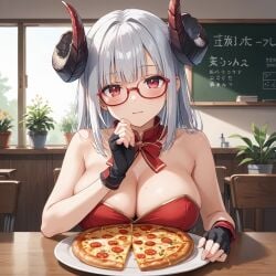 ai_generated big_breasts blush date open_mouth original_character pizza pizzeria red_eyes red_glasses tight_outfit white_hair