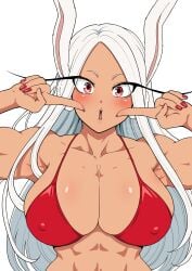 :o abs absurdres animal_ears bikini blush boku_no_hero_academia breasts cleavage collarbone covered_nipples dark-skinned_female dark_skin female hands_up harurukan highres large_breasts long_eyelashes long_hair looking_at_viewer miruko nail_polish parted_bangs pointing pointing_at_cheek pointing_at_self puckered_lips rabbit_ears rabbit_girl red_bikini red_eyes red_nails rumi_usagiyama simple_background solo star_(symbol) star_in_eye swimsuit symbol_in_eye teeth toned toned_female twitter_username upper_teeth_only very_long_hair white_background white_hair