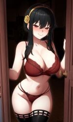1girl absurdres ai ai_generated ass_visible_through_thighs black_thighhighs bra breasts cleavage closed_mouth collarbone commentary earrings flower gold_hairband gold_rose hair_between_eyes hair_flower hair_ornament hairband highres jewelry large_breasts looking_at_viewer medium_hair mixed-language_commentary navel panties red_bra red_eyes red_panties rose sidelocks smile solo spy_x_family thighhighs thighs underwear underwear_only yisusjpl yor_briar