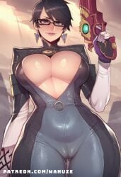 ai_generated bayonetta bayonetta_(character) big_ass big_breasts big_butt big_thighs black_bodysuit black_hair blush bodysuit center_opening cleavage cleavage_cutout earrings eyeshadow glasses handgun holding_handgun huge_ass huge_breasts huge_butt huge_thighs jewelry mole mole_under_mouth navel short_hair tight_clothing wanuze white_gloves wide_hips