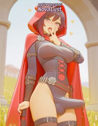 1boy 1futa 2025 ai_generated artist_name balls belt blurry blurry_background blurry_foreground blush cape cloak cock depth_of_field dick erection flower futanari heart hi_res high_quality high_resolution highres hood hooded_cloak intersex male motion_blur novalust patreon patreon_username penis red_cape rose ruby_rose rwby short_hair solo stable_diffusion testicles watermark weapon