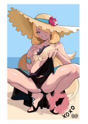 absurdres black_panties black_shoes blonde_hair border breasts clothes_lift commentary commission cynthia_(pokemon) cynthia_(summer_2025)_(pokemon) day dude-doodle eyelashes female flower grabbing_own_breast grey_eyes grin hair_over_one_eye hat hat_flower high_heels highres lifting_own_clothes lipstick_mark long_hair official_alternate_costume outdoors panties pokemon pokemon_masters_ex pussy_juice pussy_juice_drip_through_clothes sand sarong sarong_lift shiny_skin shirt shoes shore sky smile solo spread_legs squatting sun_hat teeth tied_shirt underwear water white_border yellow_hat yellow_shirt