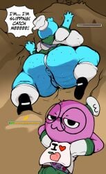 before_sex below_view bib bing_bong_(peak) blue_skin climbing dialogue faetomi looking_at_viewer overweight overweight_female panty_slip pantyshot peak_(videogame) purple_skin scout_(peak) smug smug_face sweat sweatdrop text wardrobe_malfunction