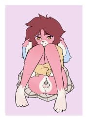 absurd_res anthro anus arms_around_legs ass balls blush blush_lines bottomwear chastity_cage chastity_device clothed clothing embarrassed femboy floppy_ears fur genitals hi_res knees_pulled_up knock-kneed lagomorph leporid lop_ears luckesha male mammal no_underwear pink_body pink_fur pouting pouty rabbit remmy_(remybunny) sitting skirt solo sweater topwear trans_(lore) trans_woman_(lore)