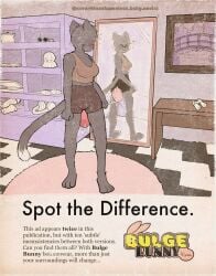 absurd_res anthro feces felid feline female fictional_product hi_res looking_back magazine_page mammal mirror seraphina_shameless soiling soiling_underwear solo solo_focus solo_in_panel spot_the_difference straining