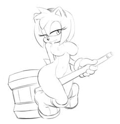 amy_rose anthro boots breasts female female_only fur furry furry_only hammer hedgehog monochrome nipples nude piko-piko_hammer ravnic short_hair simple_background solo sonic_(series) sonic_the_hedgehog_(series) squatting white_background