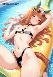 ai_generated armpits arms_behind_head arms_up belly belly_button bikini black_bikini blue_eyes boat cameltoe floatie half-closed_eyes liltigerx long_hair looking_at_viewer looking_up lying_on_back medium_breasts nipple_slip nipples o_ring_bikini orange_hair patreon_username perfect_body perfect_legs pool poolside silence_suzuka_(umamusume) sunglasses_on_head umamusume umamusume_pretty_derby wet_body
