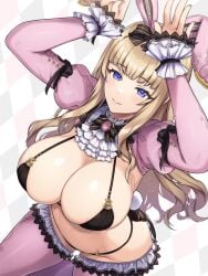 animal_ears argyle_background arms_up bikini black_bikini blonde_hair blue_eyes blush bow bowtie breasts brooch cleavage closed_mouth dolphin_wave fake_animal_ears female frills hina_(cassissoda) jewelry kirahoshi_kanna large_breasts leaning_forward long_hair long_sleeves looking_at_viewer pink_thighhighs rabbit_ears shrug_(clothing) smile solo swimsuit thighhighs