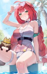 ahoge animal arm_up armpits blue_sky blush bracelet braid breasts cleavage commentary_request eyewear_on_head facial_mark female from_below green_eyes grin heart heart-shaped_eyewear heart_facial_mark highres jewelry large_breasts long_hair looking_at_viewer night_known official_alternate_costume outdoors poolside red_hair sitting sky smile soaking_feet solo sphere_hair_ornament sunglasses sunlight swimsuit tanuki thigh_strap thighs twin_braids twintails two-tone_one-piece_swimsuit ukinami_yuzuha ukinami_yuzuha_(tanuki_in_broad_daylight) wet zenless_zone_zero